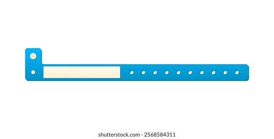 Vector illustration of plastic blue wristband for events or hospital. Ticket with clasp and blank identification strip. Access to concert, show, festival, for patient. Isolated background.