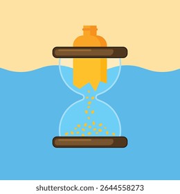 Ilustração vetorial de uma garrafa plástica quebrando fragmentos dentro de uma ampulheta, simbolizando a linha do tempo da poluição por plástico e seu impacto nos ambientes oceânicos.