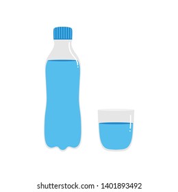 Vector illustration with plastic bottle of water and glass of water isolated on white background.