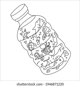 Vector illustration with plastic bottle and whale, starfish, fishes and different garbage inside. Environmental issue, pollution of the ocean. 
