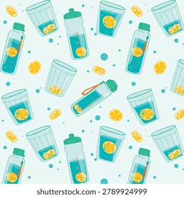 Vector illustration of plastic bottles with lemon water and glass cups with lemon slices. Cartoon illustrations for children's books or educational materials. Liquid, water consumption, sports and training bottles, ecology, reusable. Print for clothing, pattern, for printing on paper or fabric.