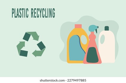 Ilustración vectorial del reciclado de botellas plásticas, biodegradables, pancarta de ecología, afiche