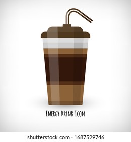 Vector illustration. Plastic coffee cup icon. Lettering Energy Drink Icon. Take away drink with straw. Flat style. Vignette background. Element for web design.