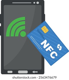 vector illustration plastic credit card and mobile phone in NFC signal concept
