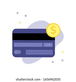 Vector illustration of plastic credit payment card with yellow coin. Online shopping, shopping app, buying online concept. Smartphone online payments and e-commerce icon