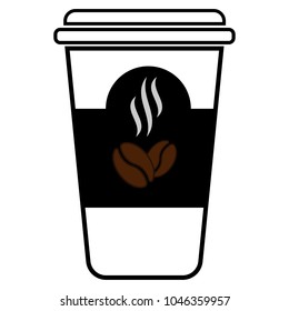 Vector illustration of a plastic cup of coffee with the emblem of black coffee. Logo, emblem, label, coffee icon.