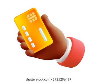 Ilustración vectorial de tarjeta de débito o crédito de plástico en la mano. Diseño de estilo realista 3D de la tarjeta bancaria del espectáculo de la mano del hombre. Icono de pago en línea, tecnología de negocio de pago. Dinero Electrónica para el Anuncio, cartel