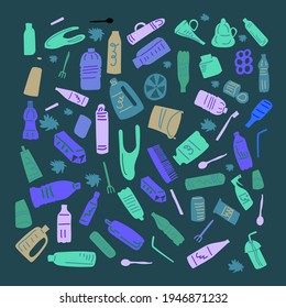 Vector illustration of plastic floating in the ocean. Environmental issue, pollution of the ocean. 