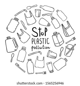Vector illustration with plastic garbage like plastic bottles, cups, bags isolated on background with text stop plastic pollution. Circle frame 
