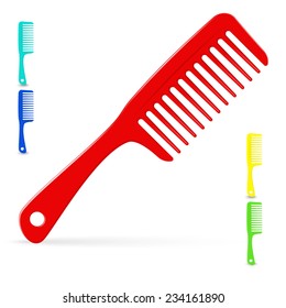 Vector illustration of plastic hair comb for long hair. On white background. With four color variations.