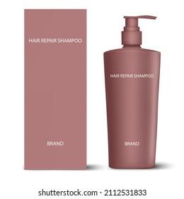 Vector illustration. Plastic hair repair shampoo bottle with a packing box with text on a isolated white background with shadows. Mockup template for your design.