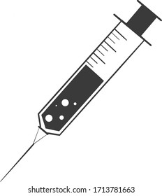Vektorillustration der Plastikspritze mit Nadel und Flüssigkeit im Inneren. Das Konzept der Impfung, Injektion für medizinische Zwecke, kann als Logo verwendet werden