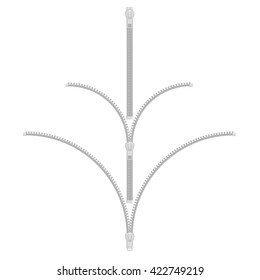 Vector illustration plastic and metallic close and half open grey zipper set in realistic style on white background isolated vector illustration. Set of modern zipper.