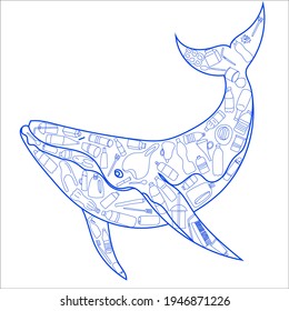 Vector illustration of plastic in the middle of a whale. Environmental issue, pollution of the ocean. 