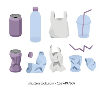 Vector illustration of plastic objects before and after using. Plastic trash with screaming faces