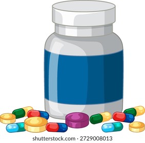 Vector illustration of a plastic pill container surrounded by various colorful capsules and tablets