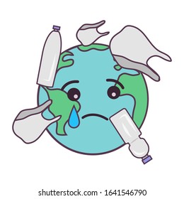 vector illustration plastic pollution concept. earth crying because plastic trash pollution. zero waste. no more plastic. rubbish pollution. save the earth concept poster banner.