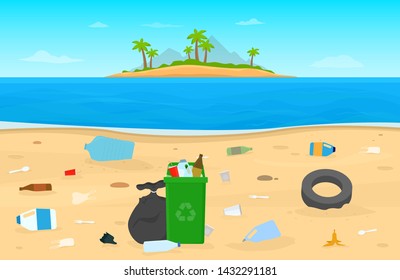 Vector illustration of plastic pollution on the beach. Dirty beach with trash and plastic .