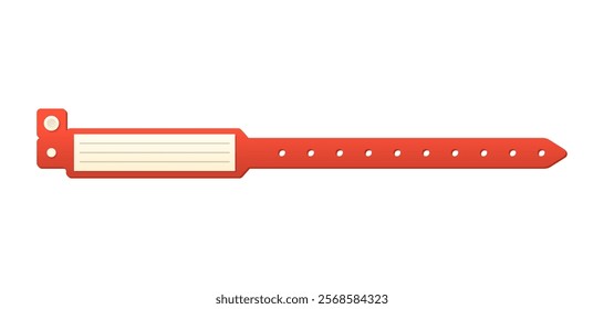 Vector illustration of plastic red wristband mockup with clasp and blank label. Hospital patient identification. Realistic template. Medical or entrance bracelet. Isolated background.