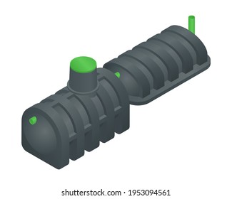 Vector illustration plastic septic tank with infiltrator isolated on white background. Realistic waste water tank icon. Drainage tank. Wastewater treatment tank for underground septic system.
