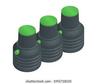 Vector illustration plastic septic tank isolated on white background. Realistic waste water tank icon in flat cartoon style. Drainage tank. Wastewater treatment tank for underground septic system. 