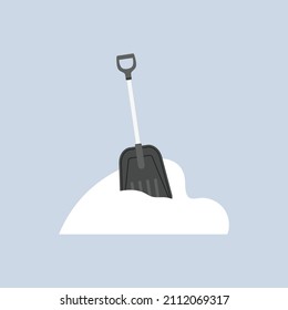 Vector illustration of a plastic shovel in a snowdrift, spade for snow. Winter snow removal and cleaning. Isolated hand drawn illustration on colorful background.