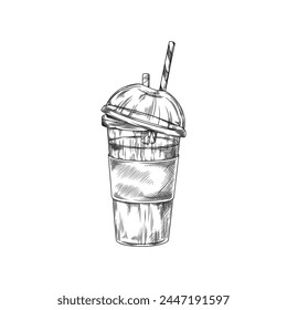 Vector illustration of a plastic smoothie glass and a cocktail stick on an isolated background in black and white style. Fresh drink for a healthy lifestyle, diet on hand drawn. svg