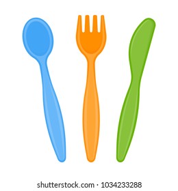 Vector illustration of plastic spoon, fork and knife isolated on white background. Disposable utensils in bright colors for toddler feeding, party or picnic.