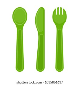 Vector illustration of plastic spoon, fork and knife isolated on white background. Disposable utensils in bright colors for toddler feeding, party or picnic.