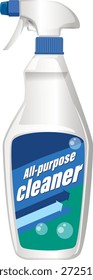Ilustração vetorial do frasco de pulverização de plástico com etiqueta azul, design limpo e fundo branco