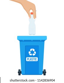 Vector illustration: plastic waste throw out. Woman hand throwing away plastic bottle in garbage container. Trash sorting concept. Colorful trash bin.