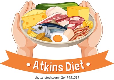 Vector illustration of a plate with Atkins diet foods, including cheese, fish, and vegetables, held by hands