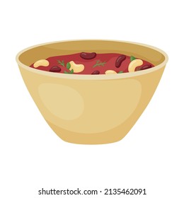 Vector illustration of a plate or bowl of spicy bean soup. Mexican food isolated on white.