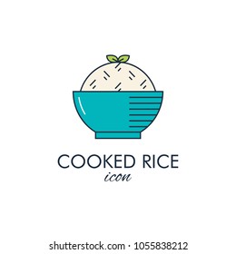 Vector illustration with plate of cooked rice in linear modern style. 