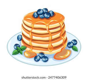 Vector illustration of a plate with delicious pancakes drizzled with honey and berries in a cartoon style.Pancakes with healthy blueberries and sweet honey, mint leaves isolated on a white background.