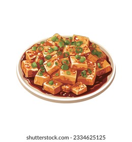 vector illustration of a plate of delicious Sichuan Mapo tofu isolated on white background. traditional Chinese cuisine.