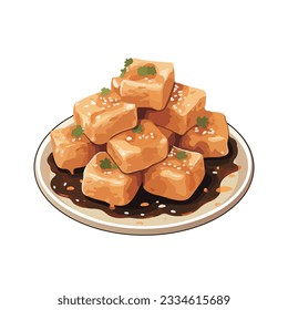 vector illustration of a plate of delicious stinky tofu isolated on white background. traditional Chinese food and snacks.