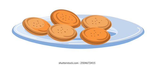 Ilustración vectorial de un plato lleno de galletas redondas, aislado sobre un fondo blanco. Perfecto para diseños de comida, promociones de panadería o decoración de cocina.