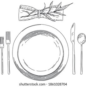 Vector illustration of a plate, fork and knife. Table setting. Decorating a plate with a branch and napkin. Line graphics. Image on an isolated white background. for restaurant menus. Doodle