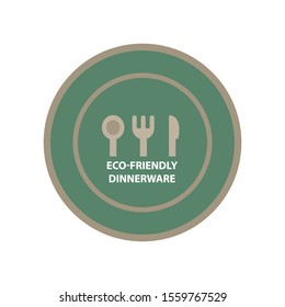 Vector illustration with plate, Fork, Spoon, Knife. Logotype for eco-friendly dinnerware, eatery or cafe. Sign of cooking an eco food.