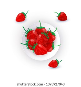 Vector illustration of plate with fresh ripe strawberries on white background. Summer poster with  fruits in cartoon style. Top view on dish with sweet red ripe strawberries with green leaves. 