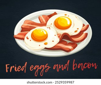 Ilustración vectorial de plato de huevos fritos y tocineta crujiente, plato clásico y querido. Yemas doradas y blancos perfectamente cocidos, tiras crujientes de tocino, ícono de dibujos animados para menús, Sitios web de recetas