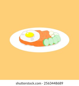 vector illustration of a plate of fried rice with fried egg, cucumber, lettuce and tomato