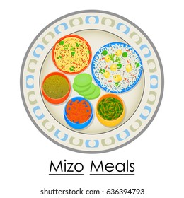 vector illustration of Plate full of delicious Mizo Meal from India
