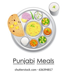 vector illustration of Plate full of delicious Punjabil Meal from India