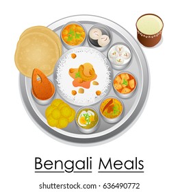 vector illustration of Plate full of delicious  Bengali Meal from India