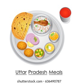 vector illustration of Plate full of delicious Uttar Pradesh Meal from India