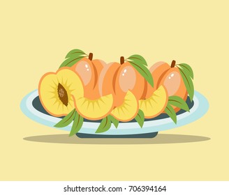Vector illustration of plate full of peaches. Full peach, half peach, slice of a peach on blue plate. Food image for healthy diet.
