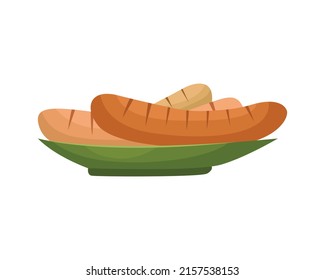 Ilustración vectorial de un plato con salchichas alemanas. Aperitivo para la cerveza.