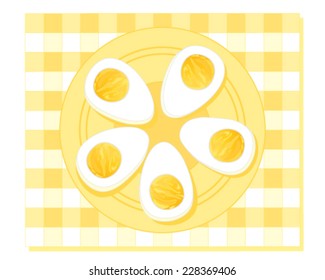 vector illustration of a plate of hard boiled eggs cut in half on a fancy plate with yellow gingham background in eps 10 format